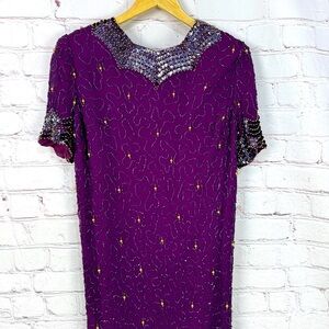 Vintage Purple Sequin Flutter Sleeve Mini Dress silk 80’s size medium cocktail
